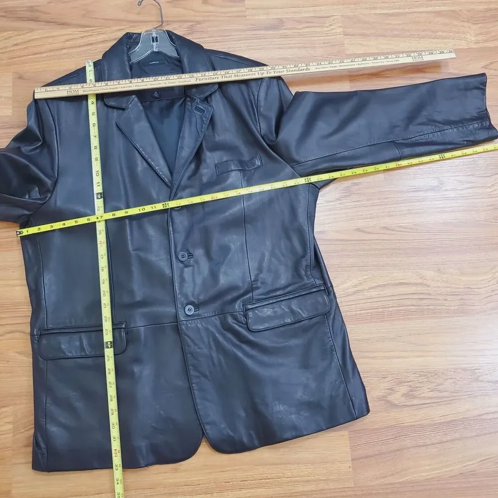Claiborne Longer Coat Men 1X Black Lambskin Leather Jacket 3 Button Lined Blazer